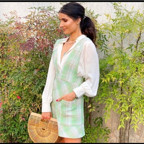 ZARA Plaid Tweed Pinafore Mini Dress Green/White/Tan Textured Pocket Back Zip SM - Picture 3 of 15